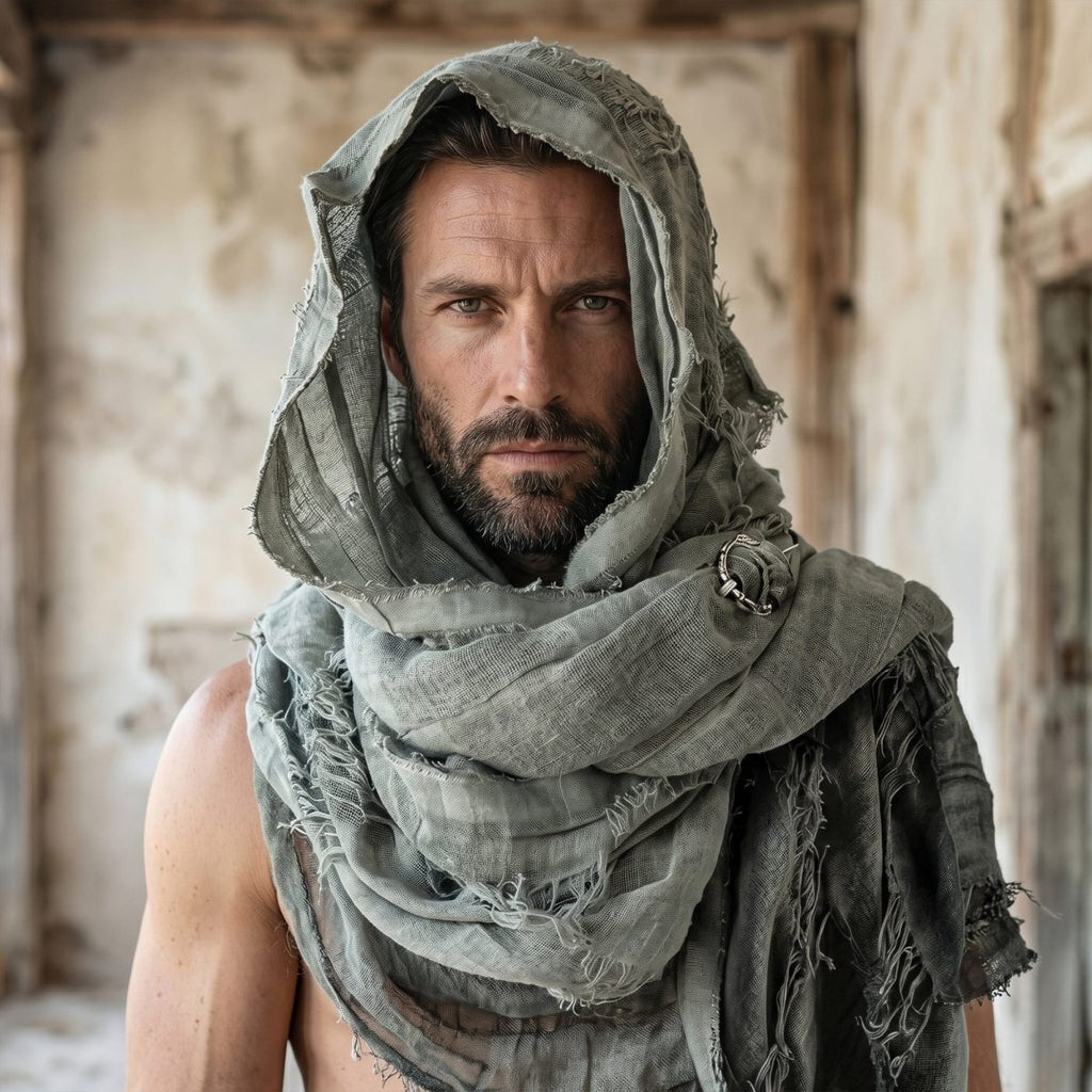 Apocalyptic Hooded Scarf Cape, Distressed Desert Style Shawl, Ragged Hooded Wrap, Avant - Garde Streetwear, Gothic Festival Scarf - Tunic Costumes