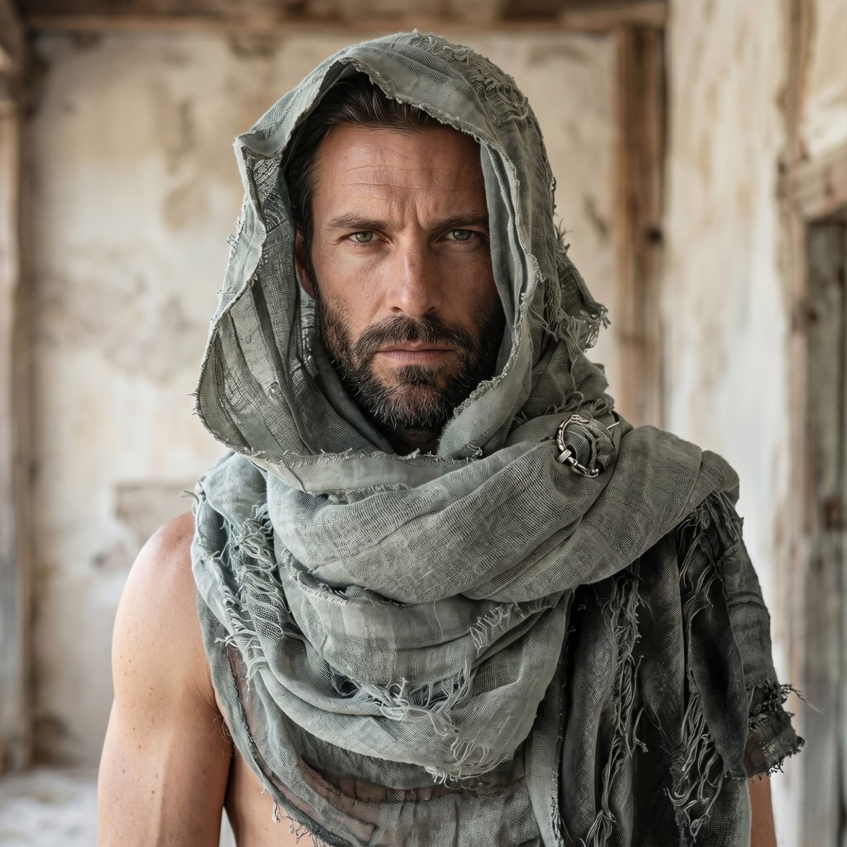 Apocalyptic Hooded Scarf Cape, Distressed Desert Style Shawl, Ragged Hooded Wrap, Avant - Garde Streetwear, Gothic Festival Scarf - Tunic Costumes