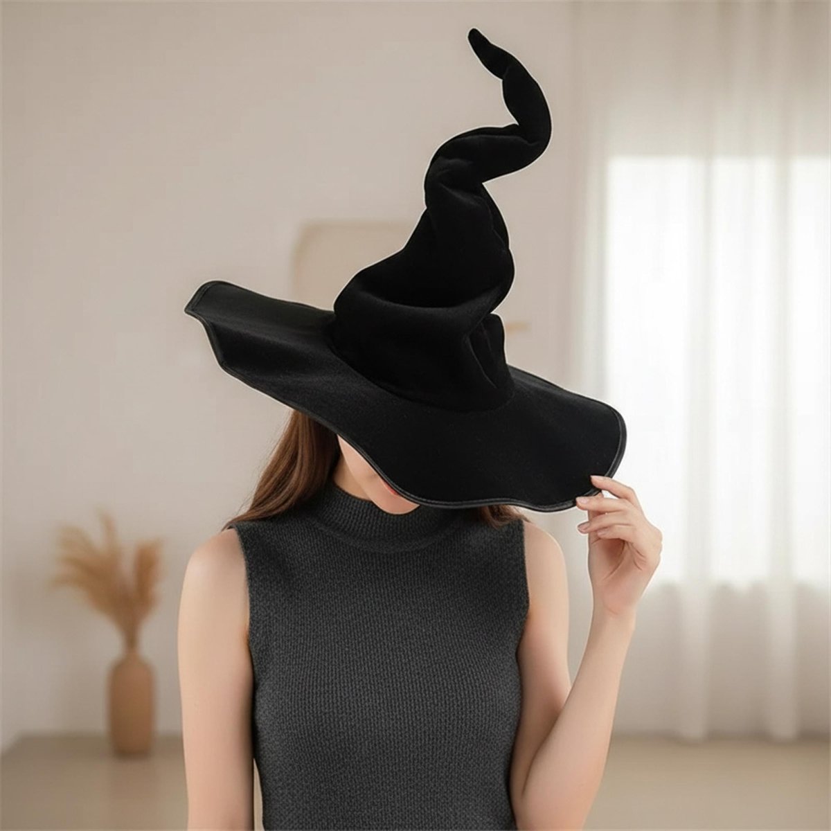 Velvet Twisted Gothic Witch Hat, Halloween Cosplay Costume Accessory - Tunic Costumes