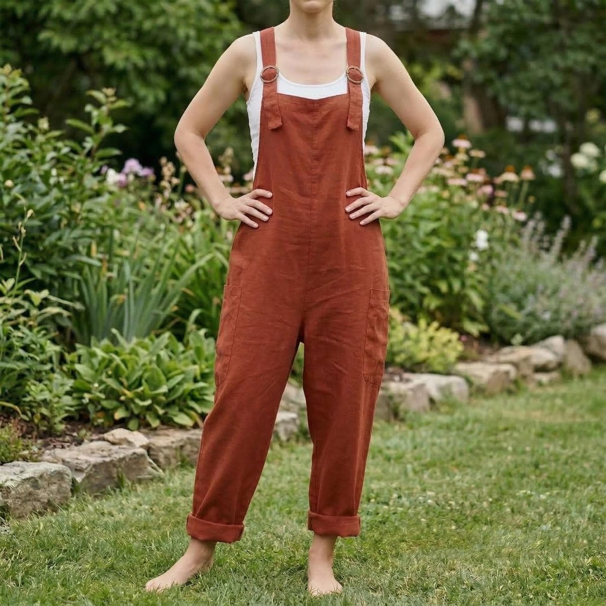 Women Linen Jumpsuit, Boho Relaxed Fit Overalls, Adjustable Strap Romper, Wide Leg Casual Outfit, Minimalist Clothing - Tunic Costumes
