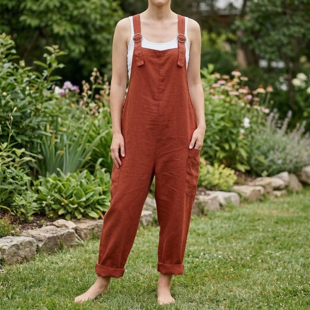 Women Linen Jumpsuit, Boho Relaxed Fit Overalls, Adjustable Strap Romper, Wide Leg Casual Outfit, Minimalist Clothing - Tunic Costumes