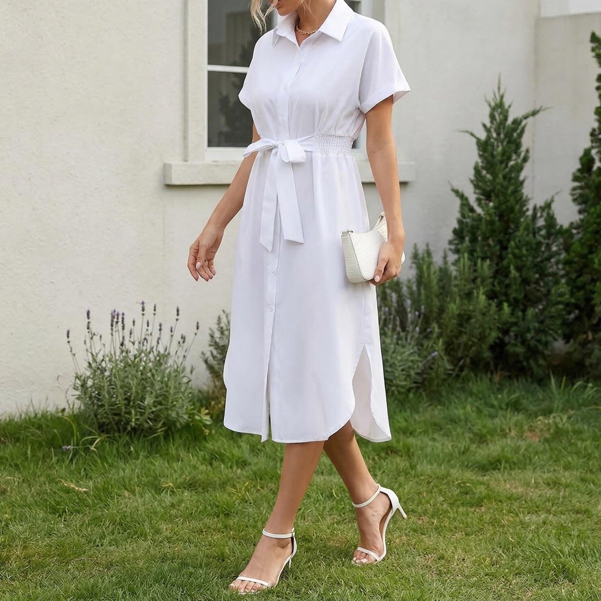 White Linen Midi Shirt Dress, Collared Button - Down with Belt, Pockets - Tunic Costumes