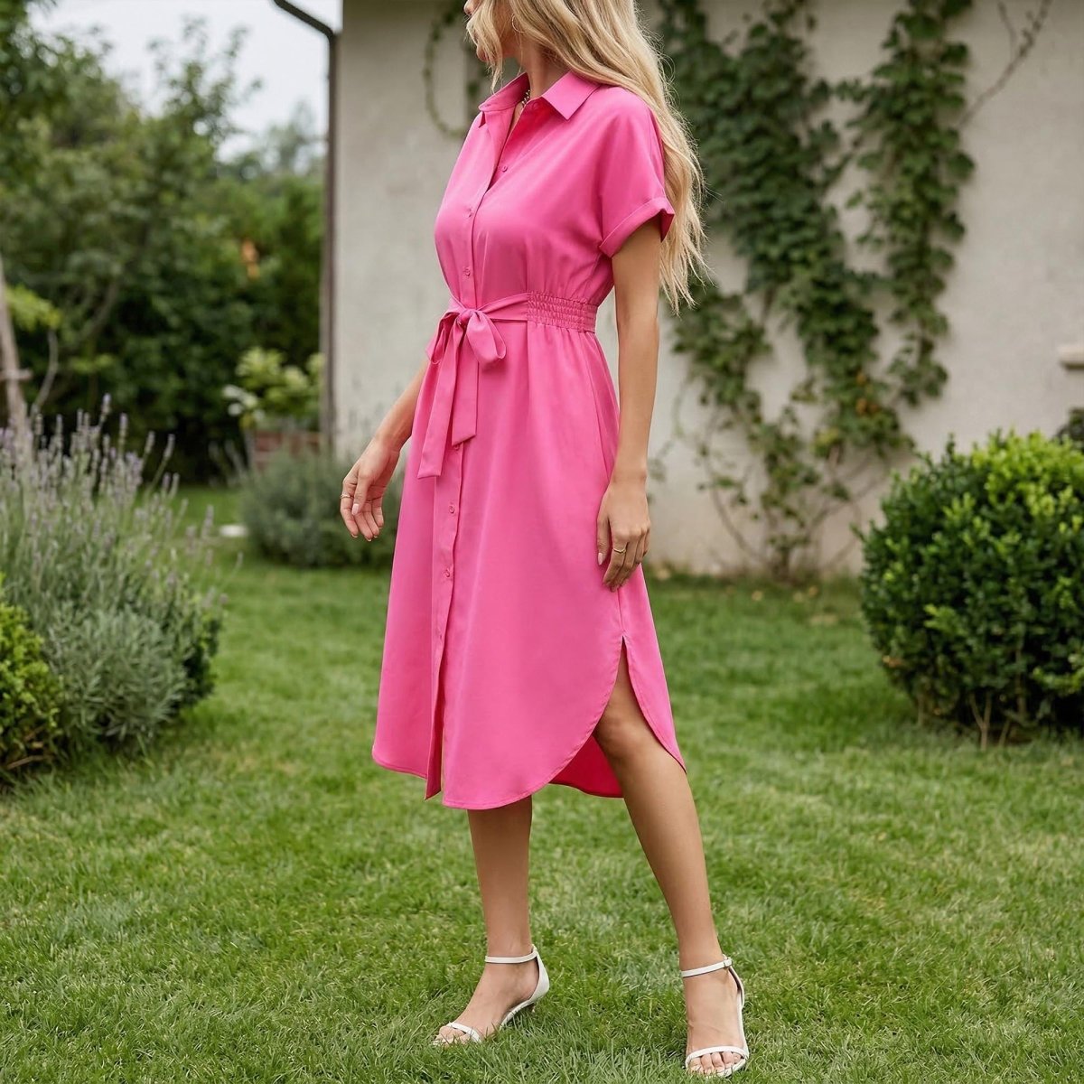 White Linen Midi Shirt Dress, Collared Button - Down with Belt, Pockets - Tunic Costumes