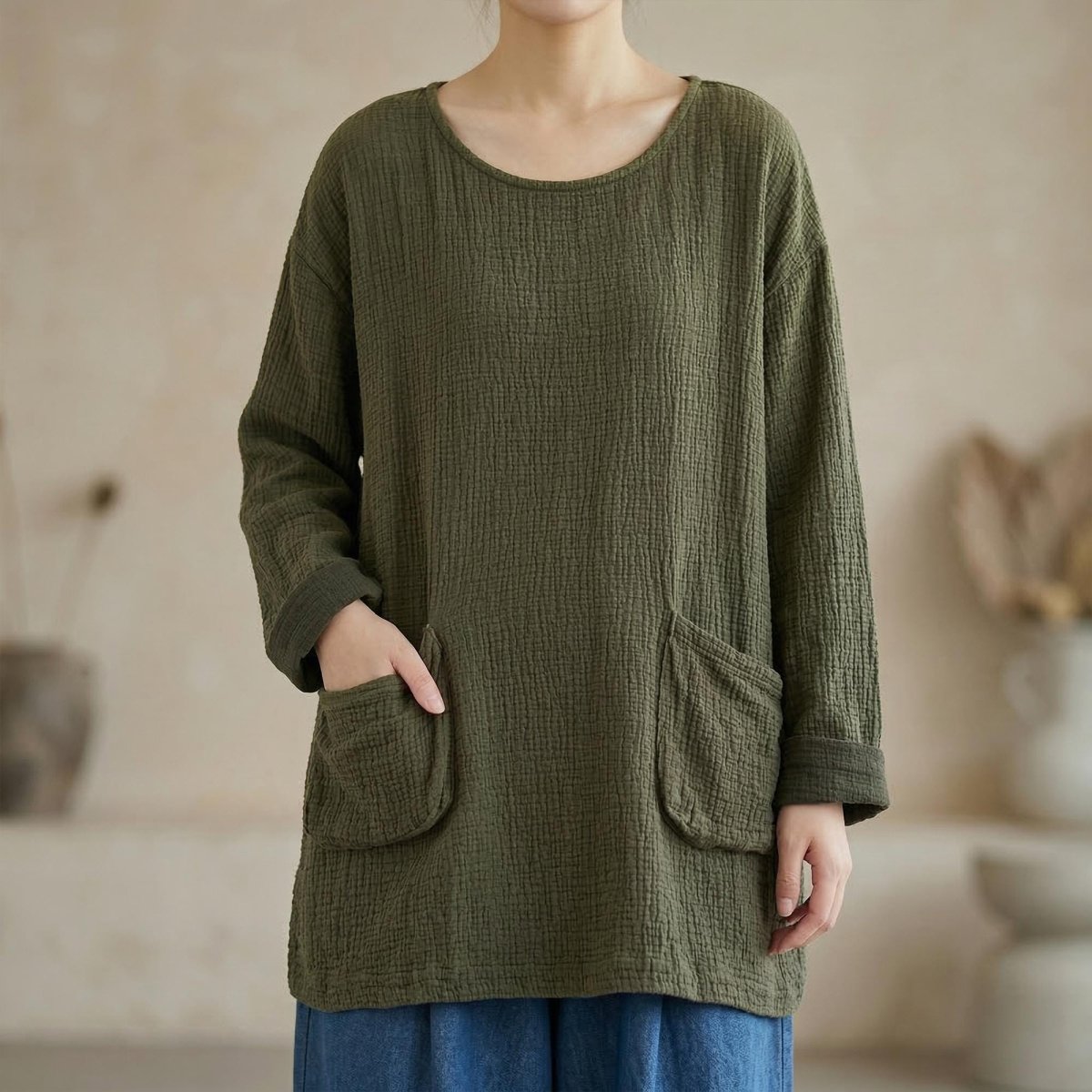Women's Boho Cotton Knit Sweater - Lightweight Spring Pullover with Pockets - Tunic Costumes
