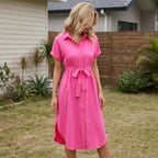 White Linen Midi Shirt Dress, Collared Button - Down with Belt, Pockets - Tunic Costumes