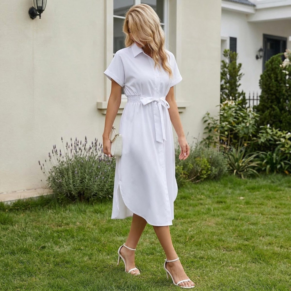 White Linen Midi Shirt Dress, Collared Button - Down with Belt, Pockets - Tunic Costumes