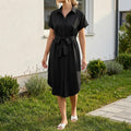 White Linen Midi Shirt Dress, Collared Button - Down with Belt, Pockets - Tunic Costumes