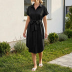 White Linen Midi Shirt Dress, Collared Button - Down with Belt, Pockets - Tunic Costumes