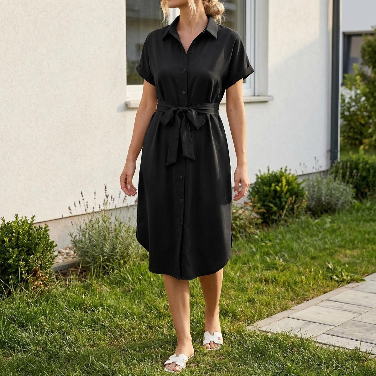 White Linen Midi Shirt Dress, Collared Button - Down with Belt, Pockets - Tunic Costumes