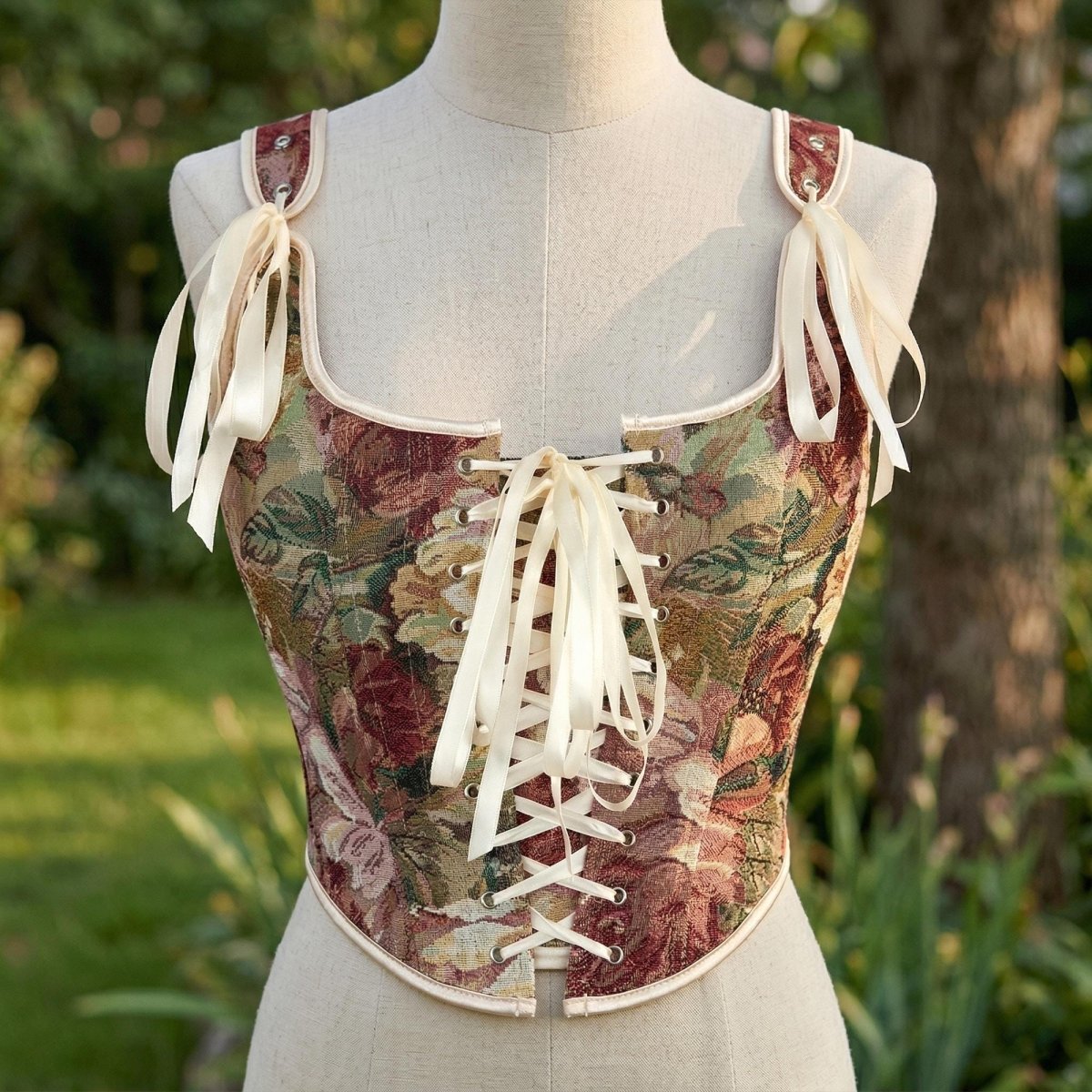 Green Floral Renaissance Corset Top, Lace Up Bustier, Cottagecore Bodice, Festival Outfit - Tunic Costumes