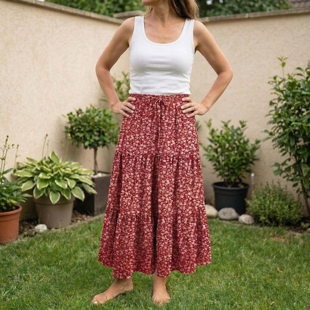 Boho A - Line Maxi Skirt, Flowing Tiered Summer Outfit - Tunic Costumes