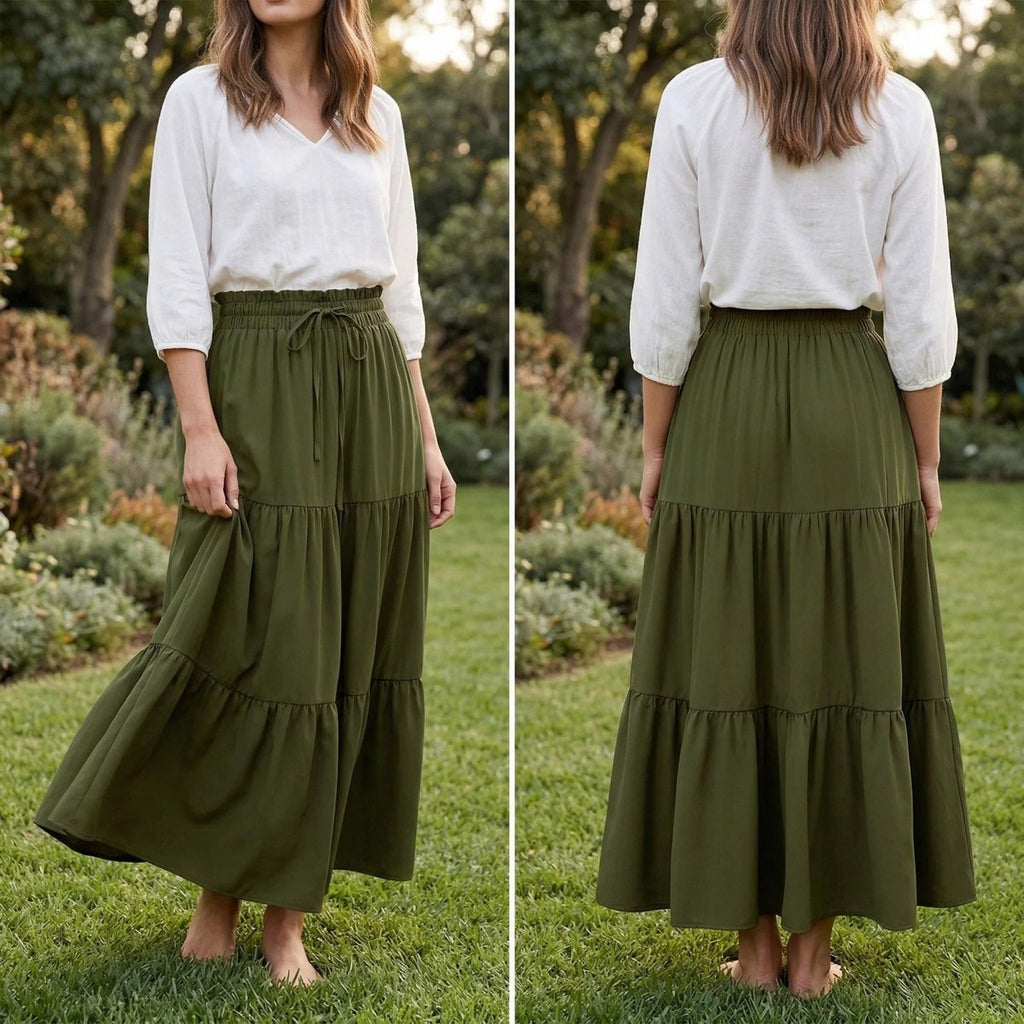 Boho A - Line Maxi Skirt, Flowing Tiered Summer Outfit - Tunic Costumes