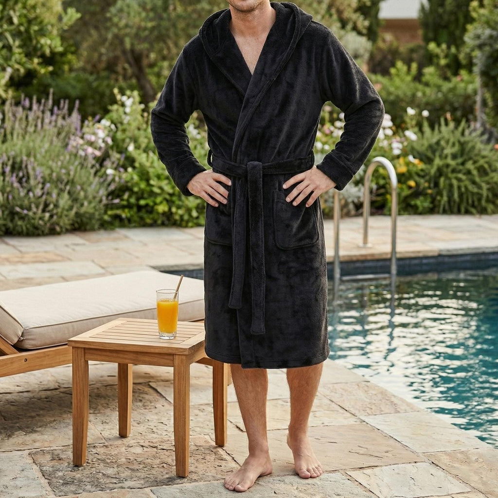 Mens Velour Hooded Robe, Soft Polyester Lounge Robe, Elegant Homewear, Cozy Bathrobe for Men, Comfortable House Robe, Gift for Him - Tunic Costumes