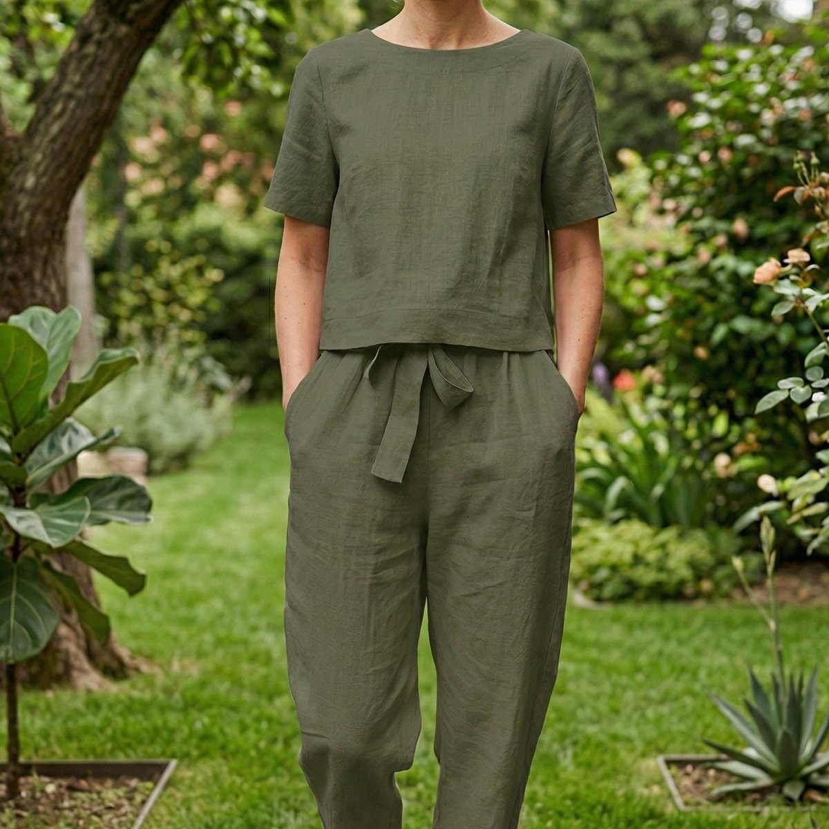 Linen Two Piece Set Women, Wide Leg Pants and Cami Top, Tie Strap Boho Outfit, Summer Casual Linen Clothing Set - Tunic Costumes