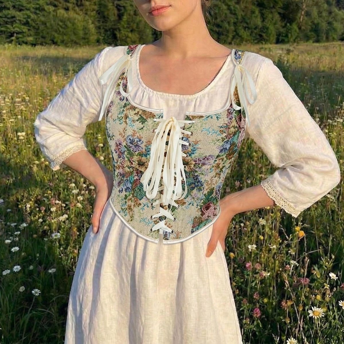 Green Floral Renaissance Corset Top, Lace Up Bustier, Cottagecore Bodice, Festival Outfit - Tunic Costumes