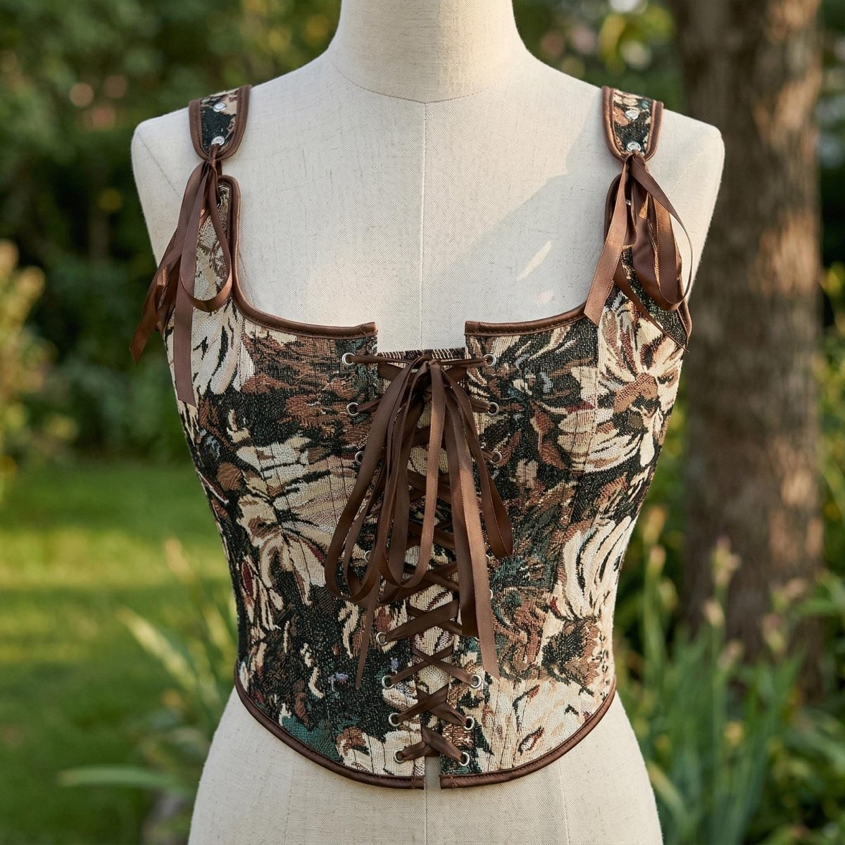 Green Floral Renaissance Corset Top, Lace Up Bustier, Cottagecore Bodice, Festival Outfit - Tunic Costumes